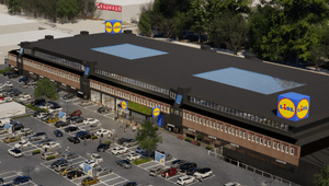 3D-visualisering i fågelperspektiv av en stor kommersiell fastighet med Lidl-skyltar, en omfattande parkeringsplats och Bauhaus i bakgrunden.