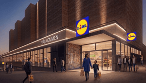 Arkitekturvisualisering i grodperspektiv av entrén till en Lidl-butik i en tegelbyggnad under skymningen, med kunder och belysning.