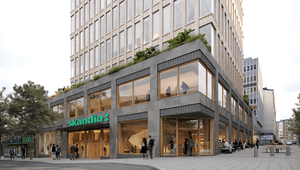 3D-rendering i grodperspektiv av en modern höghusfastighet med "skandia"-skyltning, mörk stensockel, stora fönsterpartier och takterrass under en ljus sky.