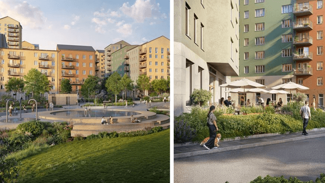 Två arkitektritade illustrationer som visar ett modernt och levande bostadsområde i ett färgstarkt kvarter med torg, grönska och uteservering.