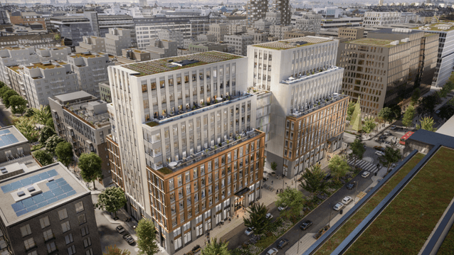 En arkitektonisk illustration sedd från ovan av två stora, moderna kontorsbyggnader i ett tättbebyggt stadskvarter. Byggnaderna har ljusa övre fasader, kopparfärgade bottenvåningar och flera takterrasser fyllda med människor och grönska. Omgivningen visar