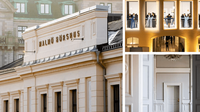 Ett collage med tre bilder från Malmö Börshus: till vänster visas en närbild på byggnadens ljusa fasad med namnet 'MALMÖ BÖRSHUS' i guldbokstäver. Uppe till höger syns fyra upplysta fönsteröppningar på natten där personer klipper blå invigningsband, och n