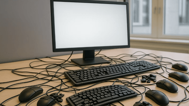 Bilden visar ett skrivbord med en datorskärm med vit, tom skärmbild. Framför skärmen ligger två tangentbord och ovanligt många datormöss, alla med kablar som ligger huller om buller över bordet. I bakgrunden syns ett fönster med dagsljus och en grå vägg.