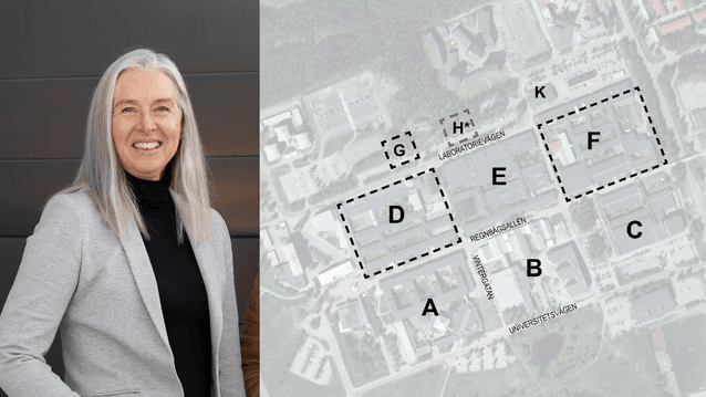 Kollage med två bilder: till vänster ett porträtt på en leende kvinna med långt grått hår i en ljus kavaj, och till höger en flygbild eller karta över ett universitets- eller forskningsområde med markerade byggnader från A till K.