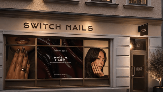Butiksfasad i ögonhöjd för "SWITCH NAILS" med belyst skyltning, stora kampanjfönster och en entrédörr under dämpad kvällsbelysning.