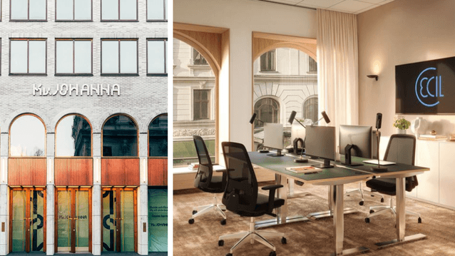 Kollage som visar exteriör och interiör av kontorsfastigheten Kv. Johanna. Till vänster syns en ljus tegelfasad med stora valvformade fönster och entrédörrar i trä. Till höger visas ett modernt kontorslandskap med höj- och sänkbara skrivbord, ergonomiska