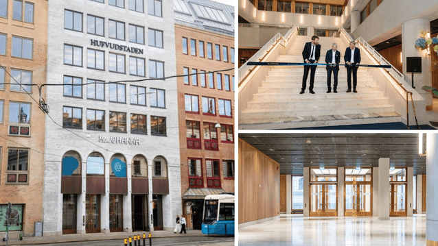 Bildkollage bestående av tre fotografier som visar Hufvudstadens fastighet Kvarteret Johanna, en bandklippningsceremoni i en trappa samt en rymlig entréhall.