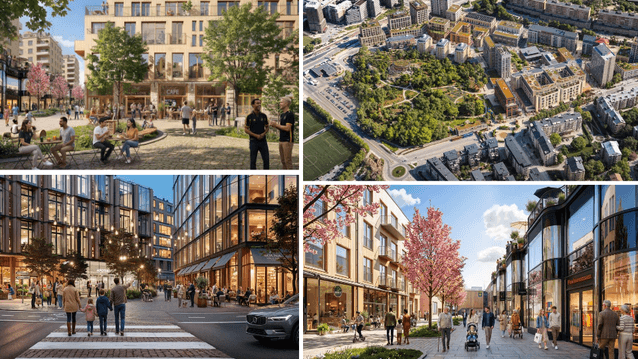 Ett collage med fyra olika arkitektoniska visualiseringar av en modern och levande stadsmiljö. Bilderna visar människor som umgås på uteserveringar, en flygbild över ett grönskande bostadsområde, en stämningsfull kvällsscen från en gågata med butiker, sam