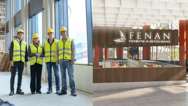 Kollagebild bestående av ett fotografi på fyra byggarbetare i skyddskläder på en byggarbetsplats till vänster, och en arkitekturvisualisering av restaurangen "FENAN Fiskbutik & Restaurang" till höger.