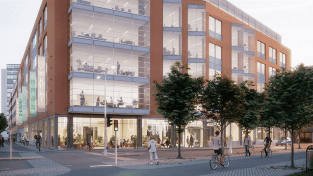 Detaljerad rendering av en modern kontorsbyggnad med röd tegelfasad och stora glasfönster. Byggnadens bottenvåning har en öppen lobby med människor inuti. På utsidan syns en bred trottoar med gående, cyklister och träd.