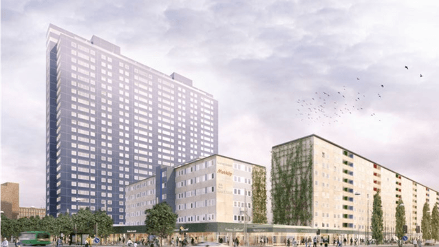 Illustration av ett stadskvarter med höghus och lägre byggnader i ljusa färger. Bottenvåningarna har butiker och människor rör sig längs trottoaren, medan bilar och bussar passerar på gatan i förgrunden. Flera träd och klätterväxter ger grönska till miljö