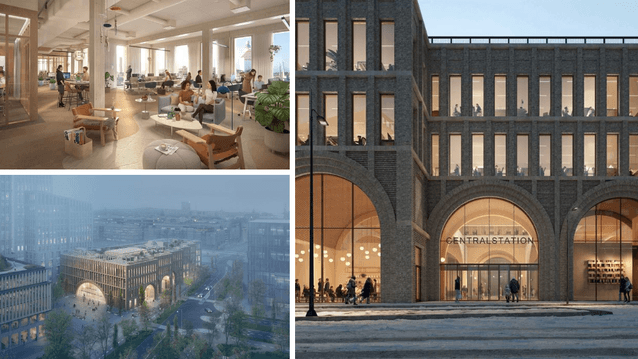 Montage med tre arkitektoniska renderingar av en modern stationsbyggnad kallad "Centralstation". Överst till vänster visas en ljus, öppen kontorsmiljö med lounge-möbler och stora fönster. Nederst till vänster syns byggnaden i ett stadslandskap i skymning.