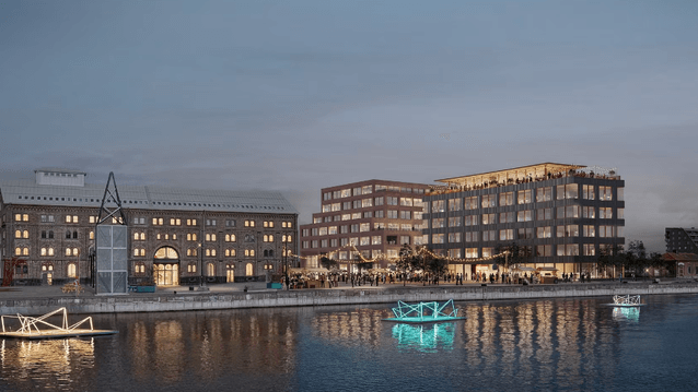 Visualisering av ett livfullt hamnområde i skymning. En historisk tegelbyggnad står bredvid moderna kontorshus med takterrasser. Vid vattnet syns en upplyst promenad med människor, ljusslingor och lysande geometriska konstverk som flyter i hamnbassängen