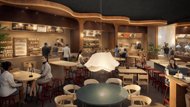 En visualisering av en modern restaurang eller food court med varm belysning och inredning i trä. Lokalen har vågformade takdetaljer, olika sittplatser med både runda bord och barstolar, samt flera serveringsdiskar i bakgrunden där gäster beställer mat.
