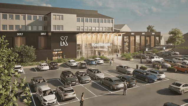 Digital rendering (3D-bild) av entrén till ett köpcentrum eller kontorsbyggnad som heter "Knallerian". Den nedre delen av byggnaden är svart med stora glaspartier och har bokstaven "K" som logotyp. Den övre delen har en ljusare fasad med horisontella föns