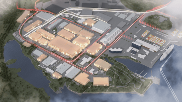 En arkitektonisk 3D-översiktsbild över ett stort industri- och hamnområde med upplysta byggnader och markera vägnät.