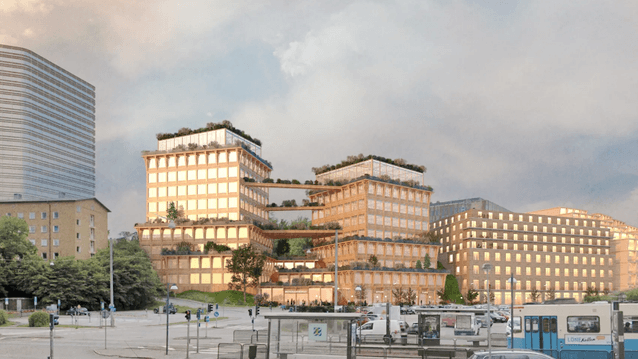 Arkitekturvisualisering i grodperspektiv över ett modernt träbyggnadskomplex med takträdgårdar och gångbroar vid ett stads- och kollektivtrafiknav.