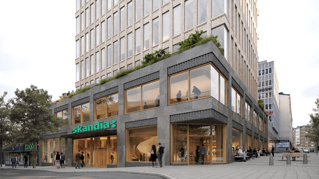 3D-rendering i grodperspektiv av en modern höghusfastighet med "skandia"-skyltning, mörk stensockel, stora fönsterpartier och takterrass under en ljus sky.