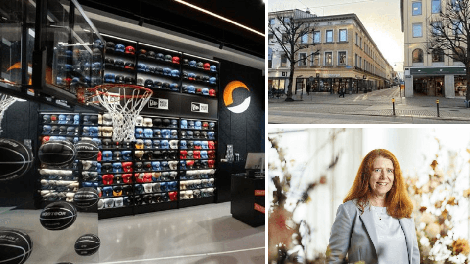 Kollage som visar Hatstores verksamhet. Till vänster syns butikens interiör med hundratals kepsar, svarta detaljer och en basketkorg. Överst till höger visas butikens exteriör i en klassisk stenbyggnad vid en gågata, och nederst till höger syns ett porträ