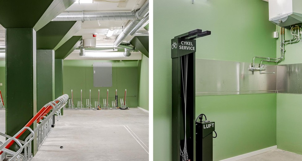 Cykelförråd med servicedel i huset Cykelförråd med servicedel i huset