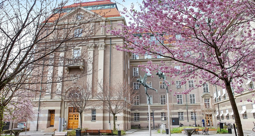 Fastigheten med blommande körsbärsträd utanför. Fastigheten med blommande körsbärsträd utanför.