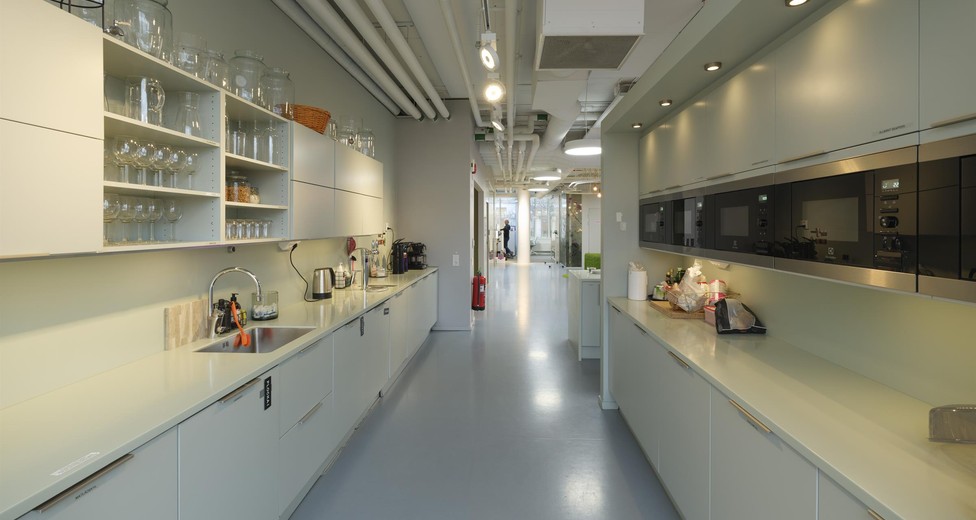 Modernt pentry och förvaringslösningar.